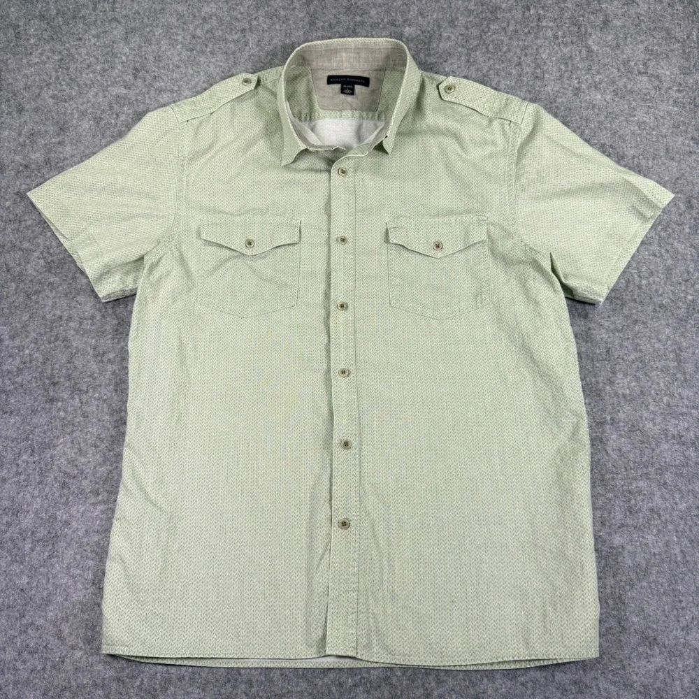 Banana Republic Safari Shirt Mens L Green Chevron Stripe Linen Blend Epaulettes